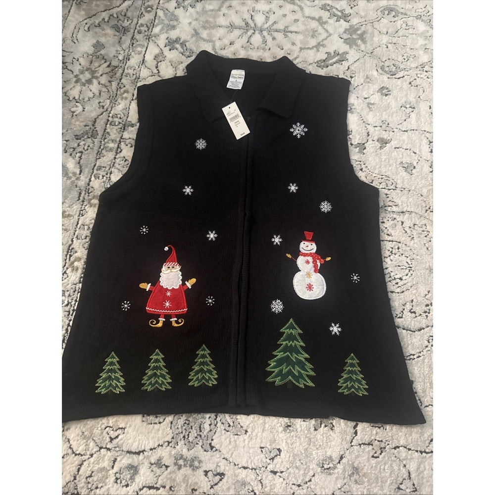 NWT New York Laundry Vest Womens L Black Christmas Winter Scene Embroidered Zip